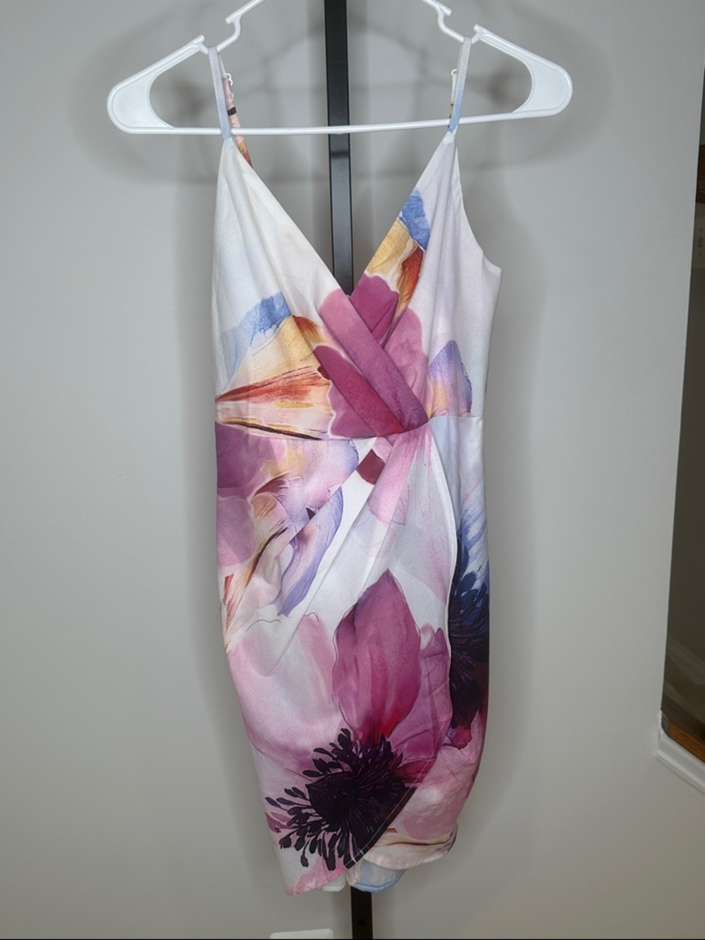 Hello Molly White Floral Wrap Mini Dress with Pink & Purple Blooms